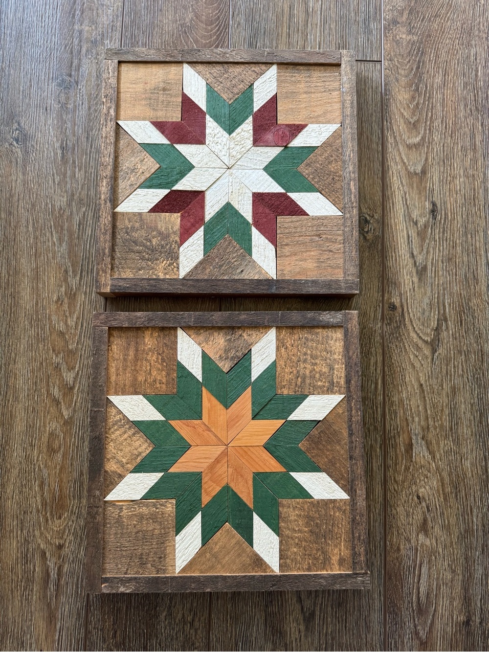 Handmade Rustic Star Barn Quilt Wall Art Pair - Green, White, Brown, Red, Orange